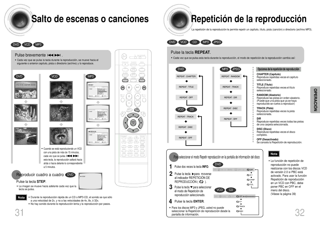 Samsung HTDS900RH/EDC manual Salto de escenas o canciones, Pulse brevemente, Pulse la tecla Repeat, Pulse la tecla Step 