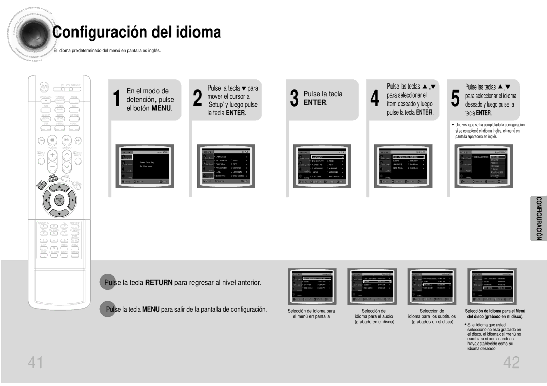 Samsung HTDS700RH/EDC Configuración del idioma, Pulse la tecla Return para regresar al nivel anterior, Pulse las teclas 