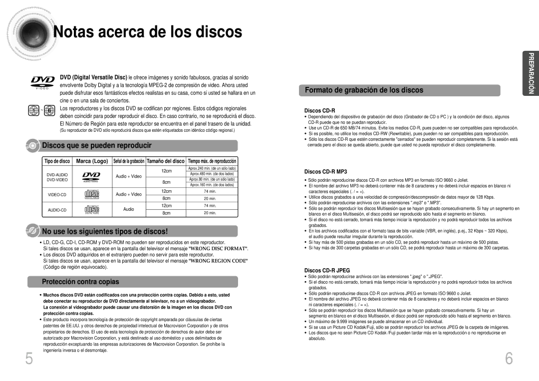 Samsung HTDS700RH/EDC manual Notas acerca de los discos, Protecció n contra copias, Discos CD-R MP3, Discos CD-R Jpeg 