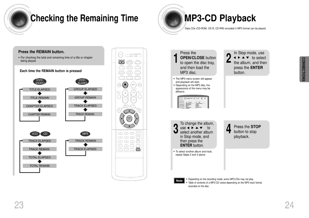 Samsung HTDS700TH/FES manual MP3 -CD Playback, Press the Remain button, Each time the Remain button is pressed 