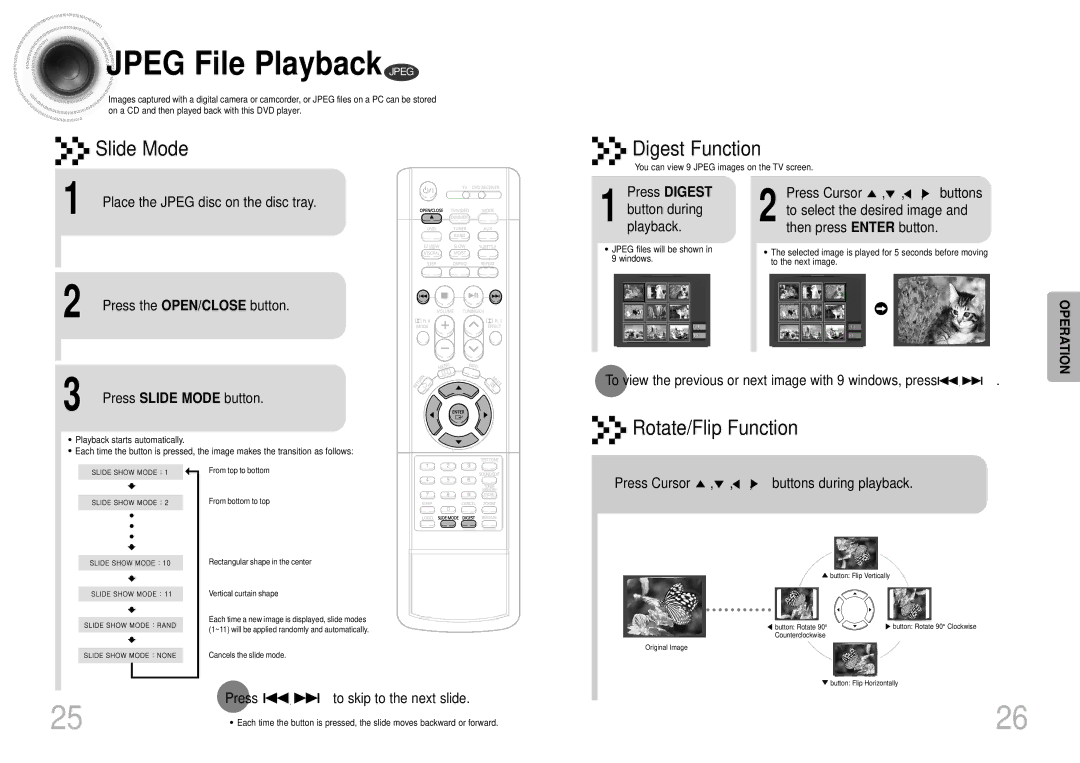 Samsung HTDS700TH/FES manual Jpeg File Playback Jpeg, Press Slide Mode button, Press To skip to the next slide 