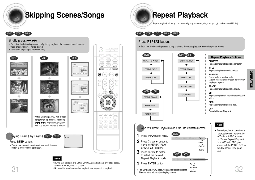 Samsung HTDS700TH/FES manual Skipping Scenes/Songs, Repeat Playback, Briefly press, Press Repeat button 