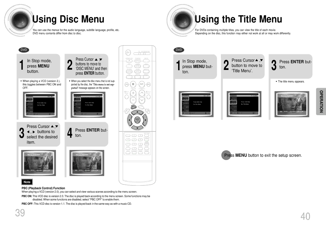 Samsung HTDS700TH/FES manual Using Disc Menu, Using the Title Menu, Stop mode Press Menu button 