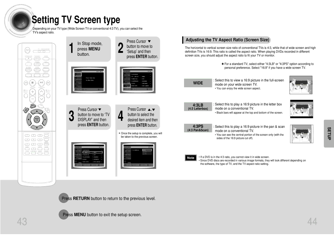 Samsung HTDS700TH/FES manual Adjusting the TV Aspect Ratio Screen Size, 43LB, 43PS 