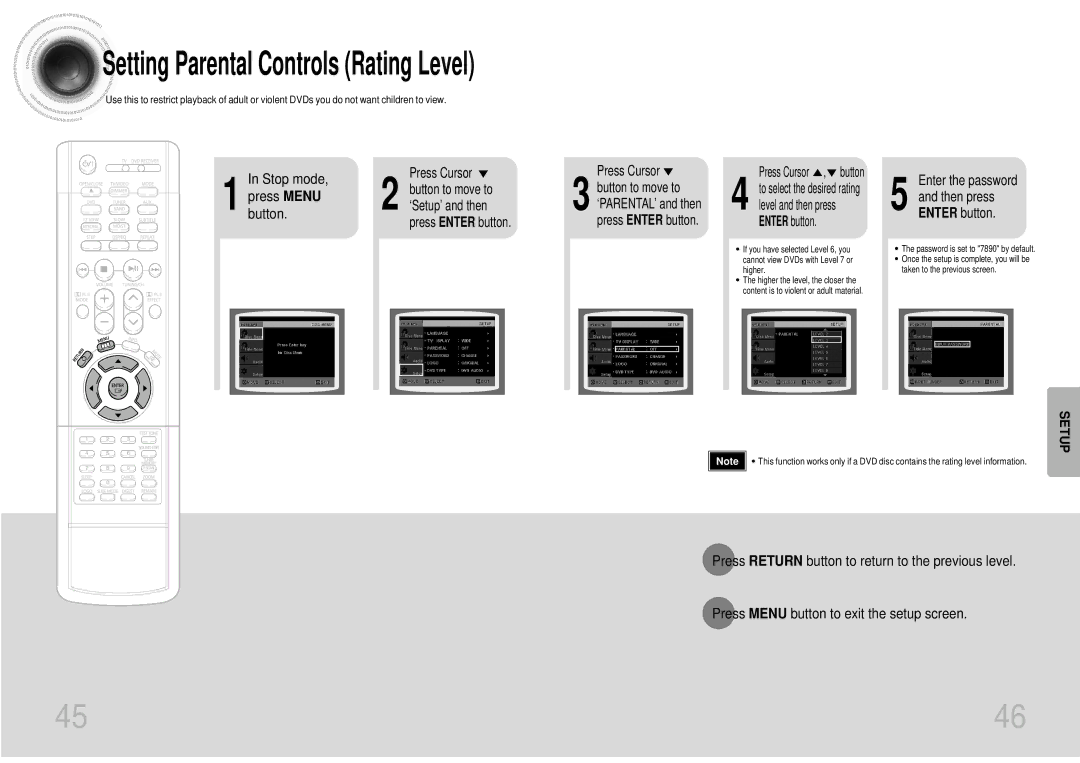 Samsung HTDS700TH/FES manual Setting Parental Controls Rating Level, Enter the password Then press Enter button 