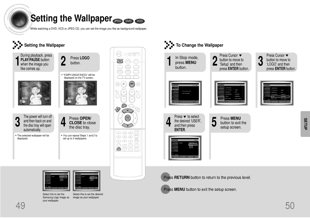 Samsung HTDS700TH/FES manual Setting the Wallpaper Jpeg DVD VCD, Press Open Close to close the disc tray, Button to exit 