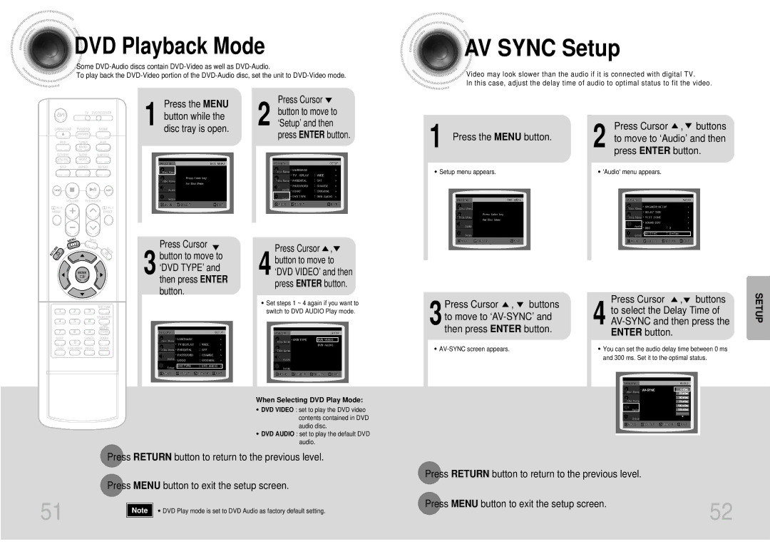 Samsung HTDS700TH/FES manual AV Sync Setup, DVD Playback Mode, When Selecting DVD Play Mode 