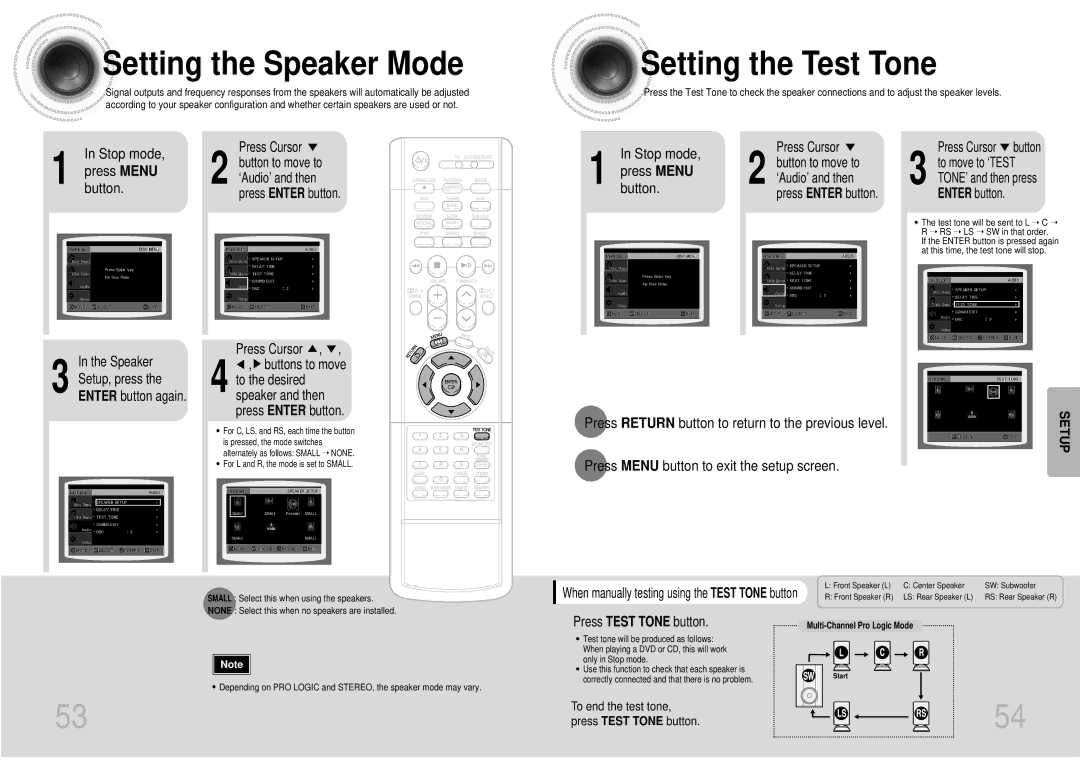 Samsung HTDS700TH/FES manual Setting the Speaker Mode, Setting the Test Tone, Stop mode, press Menu button 