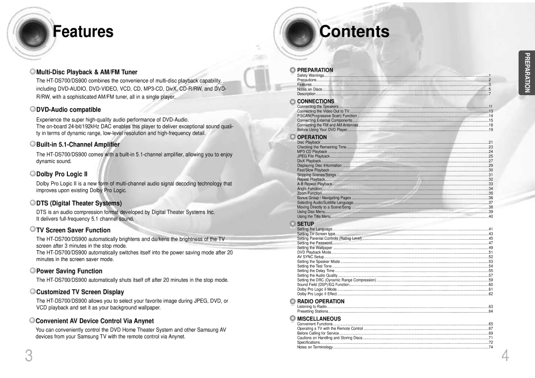 Samsung HTDS700TH/FES manual Contents 