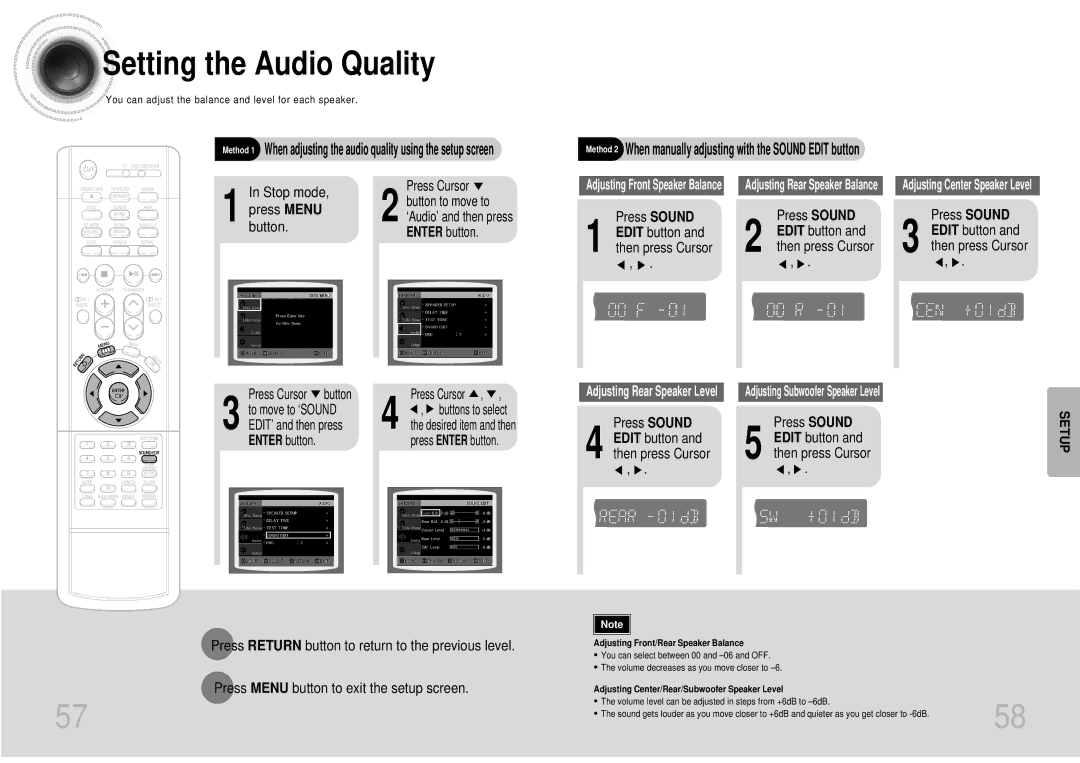 Samsung HTDS700TH/FES Setting the Audio Quality, Press Sound Edit button and then press Cursor, ‘Audio’ and then press 