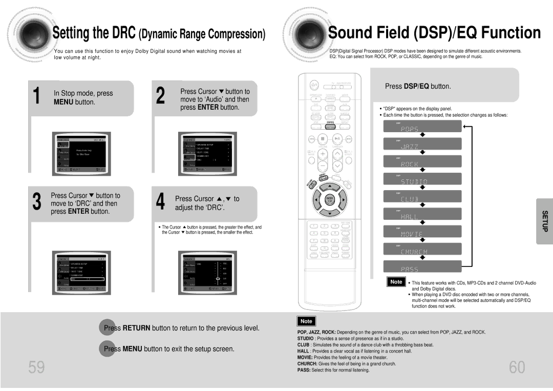 Samsung HTDS700TH/FES manual Sound Field DSP/EQ Function, Stop mode, press Press Cursor button to Menu button 