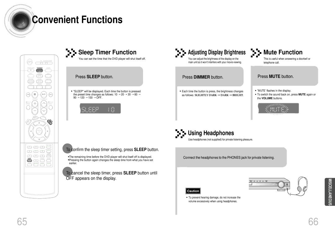 Samsung HTDS700TH/FES manual Convenient Functions, Press Sleep button, Press Dimmer button, Press Mute button 