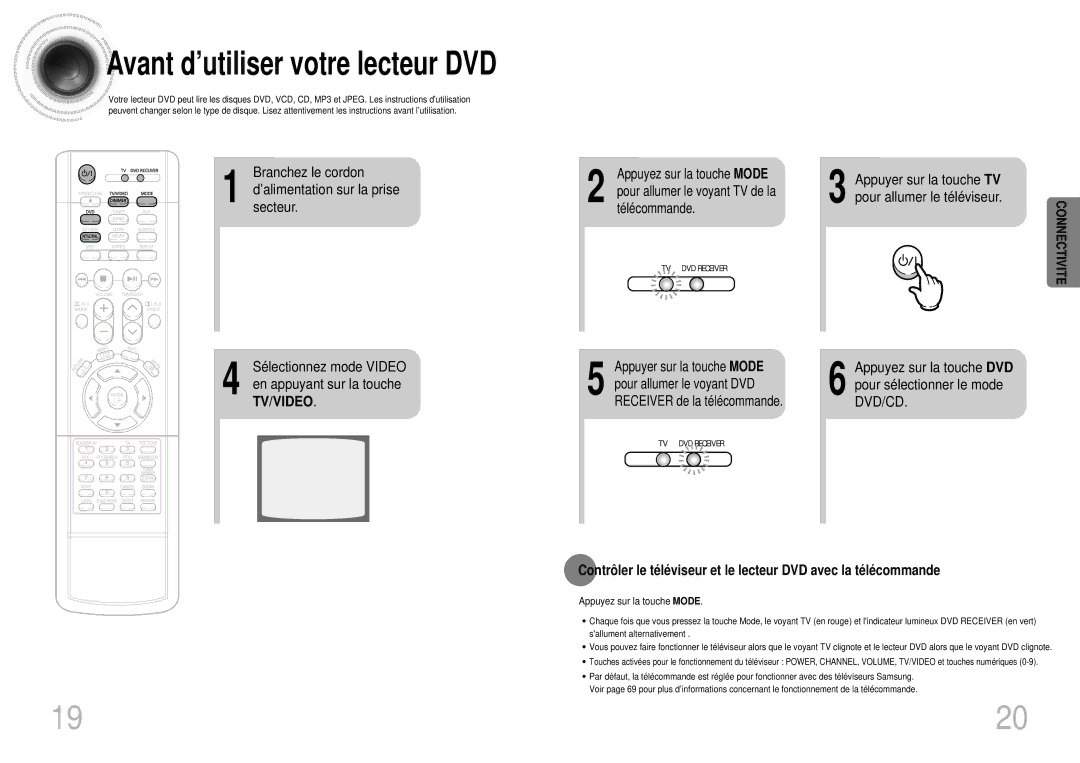 Samsung HTDS900RH/XFO, HTDS900RH/EDC Branchez le cordon ’alimentationsecteur. sur la prise, Appuyer sur la touche Mode 