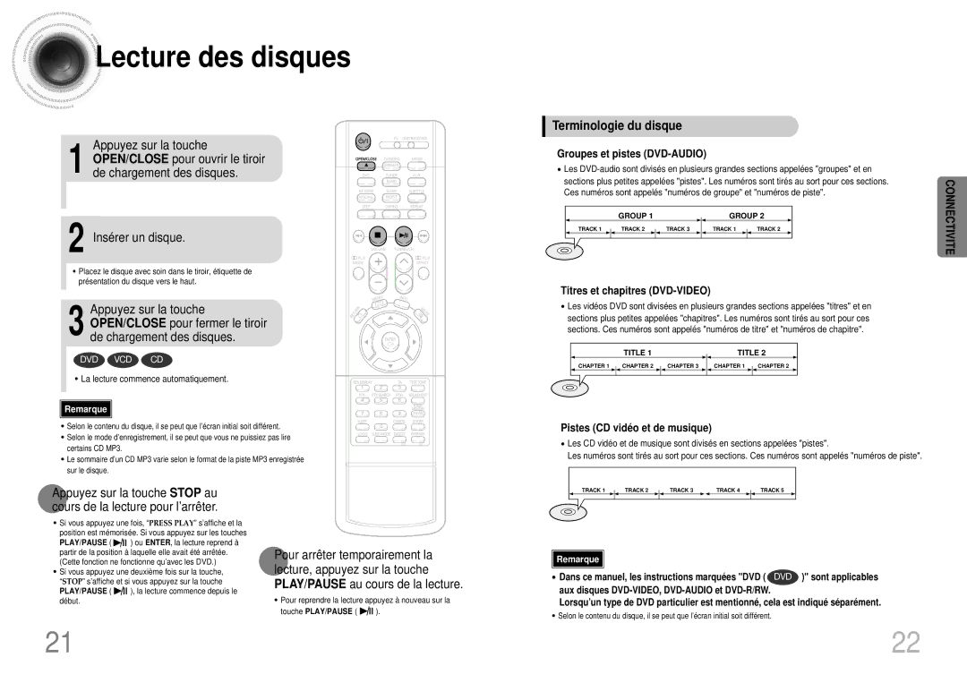 Samsung HTDS900RH/EDC, HTDS700RH/ELS manual Lecture des disques, Terminologie du disque, Groupes et pistes DVD-AUDIO 