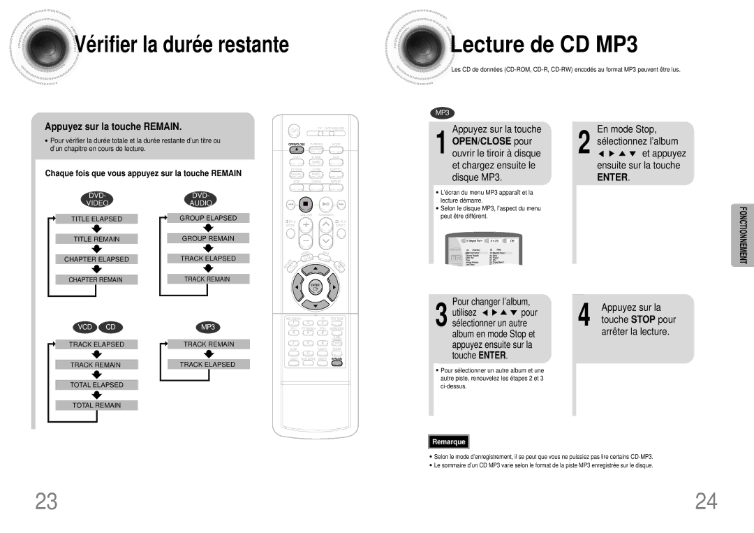 Samsung HTDS700RH/ELS, HTDS900RH/EDC, HTDS900RH/XFO manual Lecture de CD MP3, Appuyez sur la touche Remain 