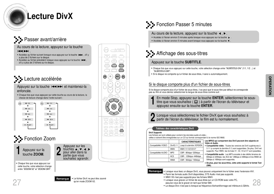 Samsung HTDS900RH/EDC manual Lecture DivX, Au cours de la lecture, appuyez sur la touche, Appuyez sur la touche Subtitle 