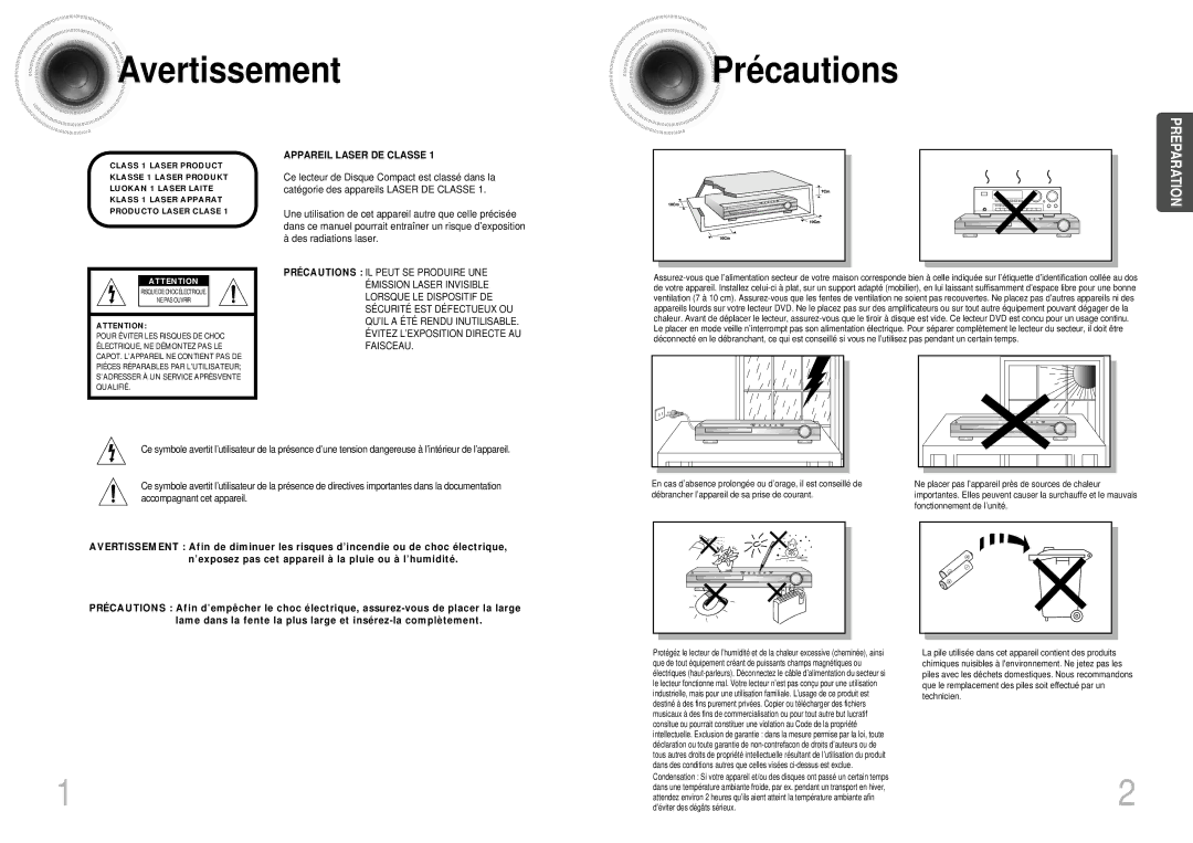 Samsung HTDS900RH/XFO, HTDS900RH/EDC, HTDS700RH/ELS manual Avertissement Précautions, Appareil Laser DE Classe 