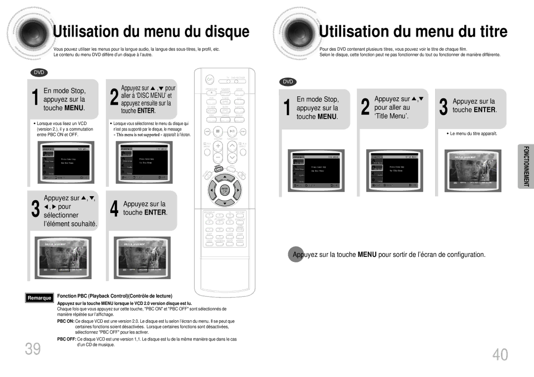 Samsung HTDS900RH/EDC Utilisation du menu du titre, Utilisation du menu du disque, En mode Stop Appuyez sur la touche Menu 