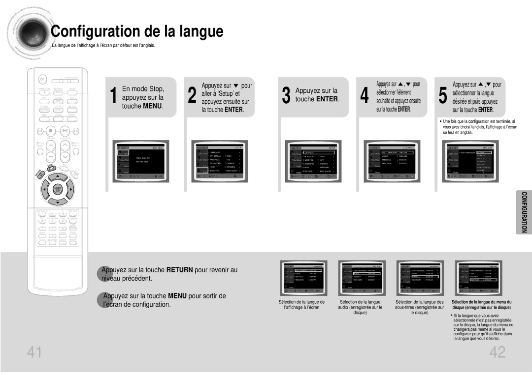 Samsung HTDS700RH/ELS, HTDS900RH/EDC, HTDS900RH/XFO manual Configuration de la langue, En mode Stop 