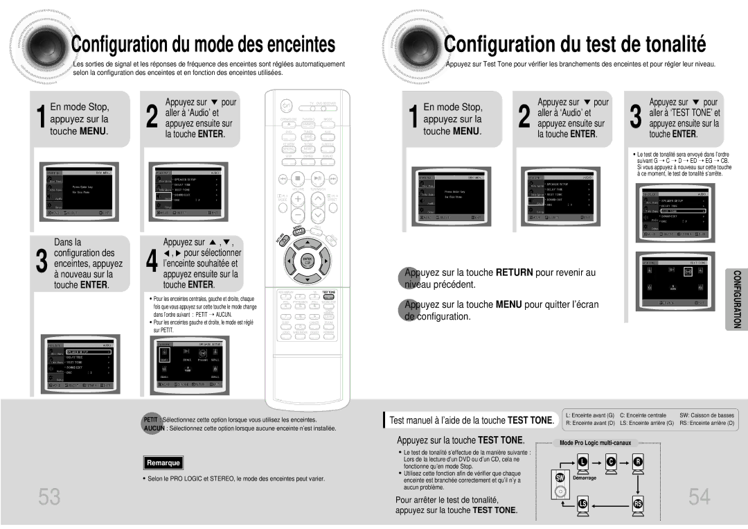 Samsung HTDS700RH/ELS, HTDS900RH/EDC, HTDS900RH/XFO manual Dans la, Touche Menu, Pour arrêter le test de tonalité 