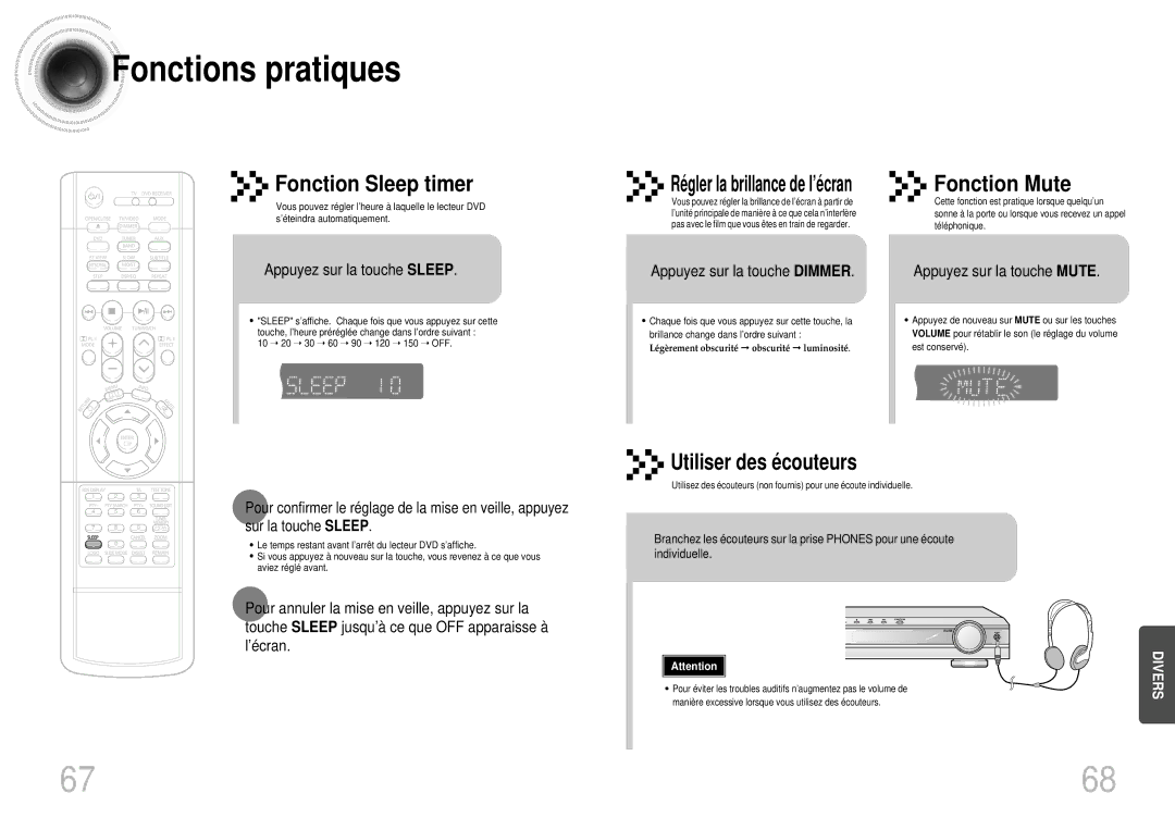 Samsung HTDS900RH/XFO manual Fonctions pratiques, Fonction Sleep timer, Fonction Mute, Ré gler la brillance de l’é cran 