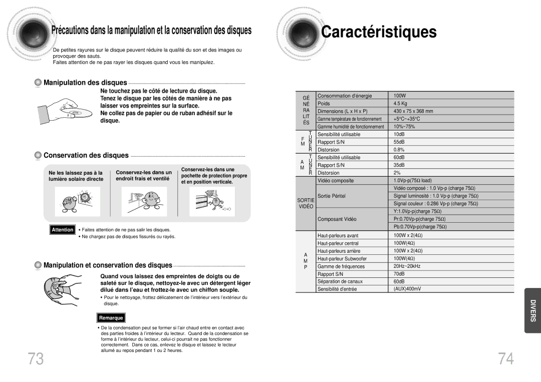 Samsung HTDS900RH/XFO, HTDS900RH/EDC Caracté ristiques, Manipulation et conservation des disques, Lumiè re solaire directe 