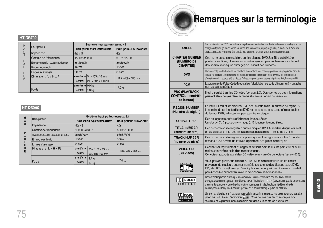 Samsung HTDS900RH/EDC, HTDS700RH/ELS, HTDS900RH/XFO manual Remarques sur la terminologie 