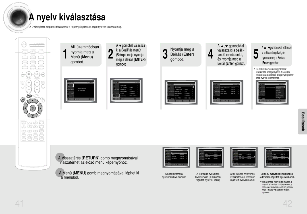 Samsung HTDS900RH/EDC, HTDS700RH/ELS manual Nyelv kiválasztása, Állj üzemmódban, Beírás Enter gombot 