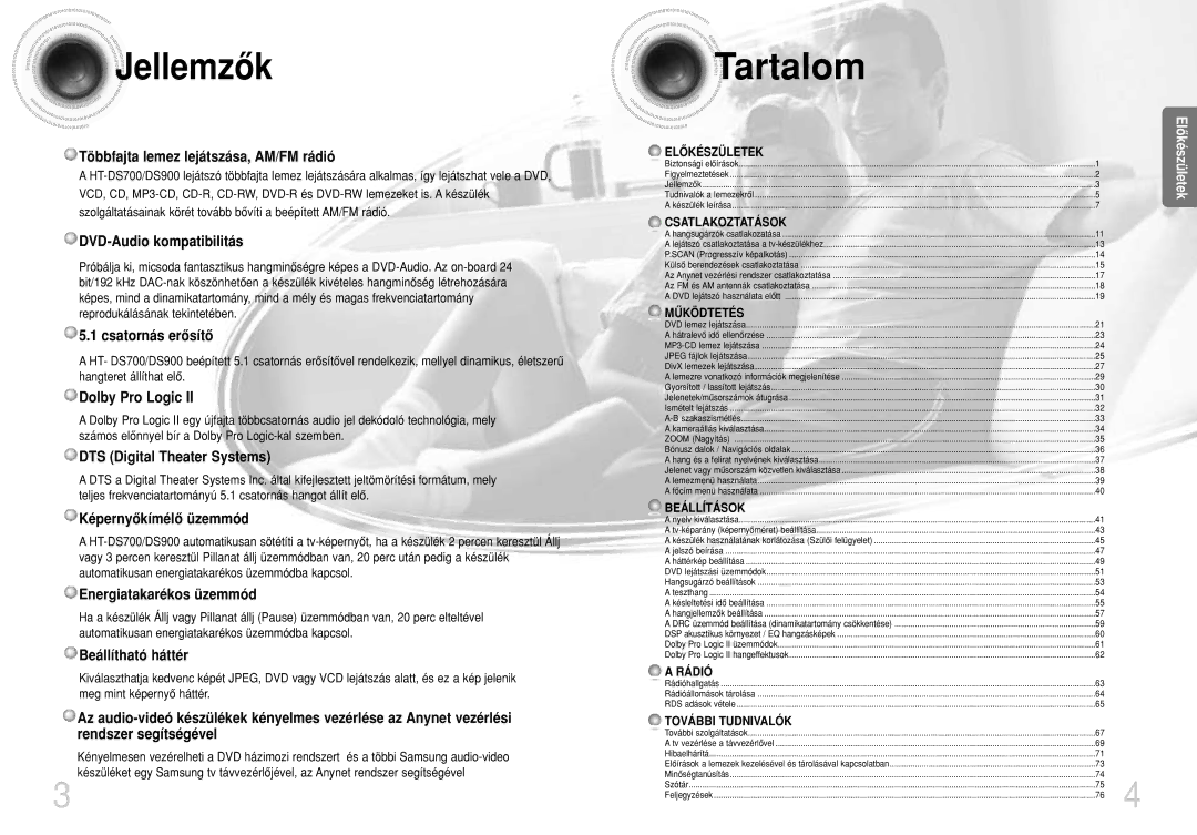 Samsung HTDS700RH/ELS, HTDS900RH/EDC manual Jellemzôk, Tartalom 