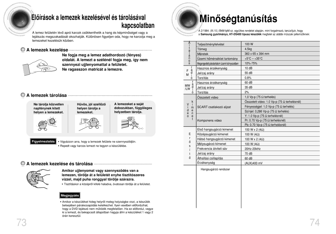 Samsung HTDS900RH/EDC, HTDS700RH/ELS manual Minôségtanúsítás, Lemezek tárolása, Lemezek kezelése és tárolása, 10%-75% 