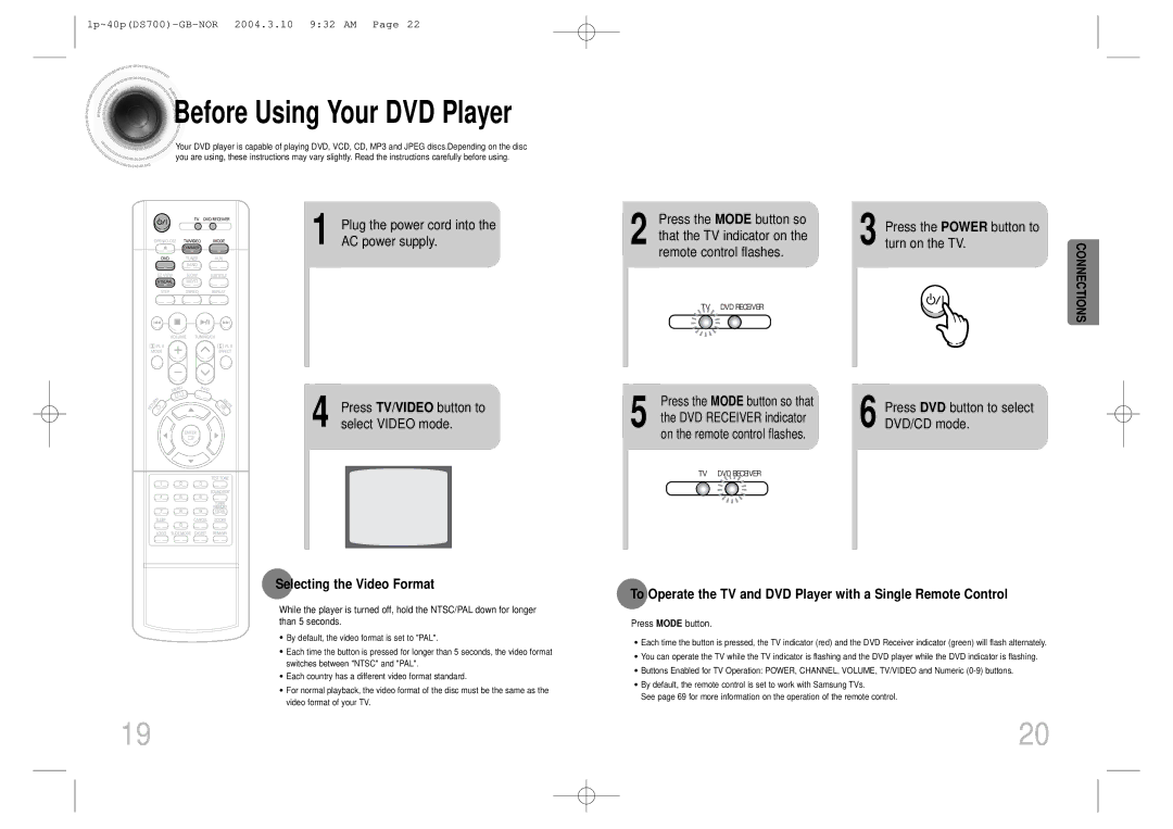 Samsung HTDS900RH/XFO Power supply, Press the Power button to turn on the TV, Press TV/VIDEO button to select Video mode 