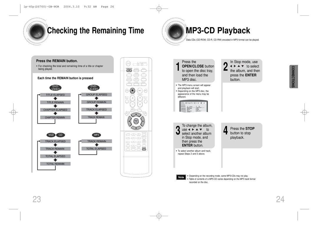 Samsung HTDS900RH/XFO, HTDS900RH/EDC MP3 -CD Playback, Press the Remain button, Each time the Remain button is pressed 