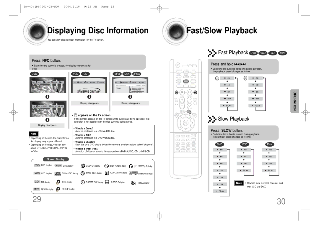 Samsung HTDS900RH/EDC, HTDS900RH/XFO Displaying Disc Information, Fast/Slow Playback, Press Info button, Press Slow button 