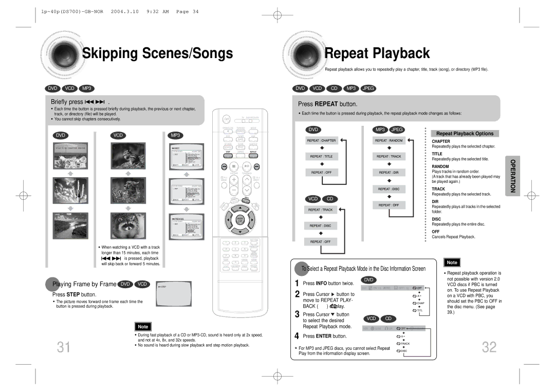 Samsung HTDS900RH/XFO, HTDS900RH/EDC manual Skipping Scenes/Songs, Repeat Playback, Briefly press, Press Repeat button 