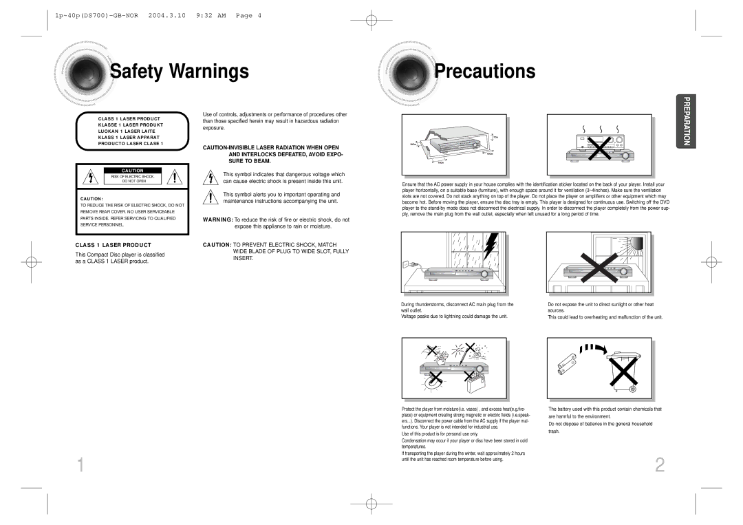 Samsung HTDS900RH/EDC, HTDS900RH/XFO manual Safety Warnings Precautions, Class 1 Laser Product 