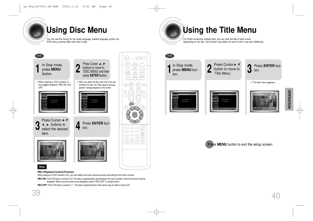 Samsung HTDS900RH/XFO manual Using Disc Menu, Using the Title Menu, Stop mode Press Menu button, Select the desired item 