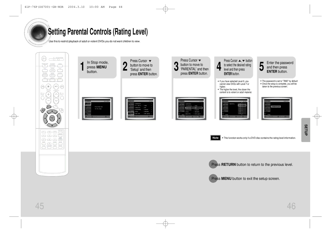 Samsung HTDS900RH/EDC, HTDS900RH/XFO Setting Parental Controls Rating Level, Enter the password Then press Enter button 