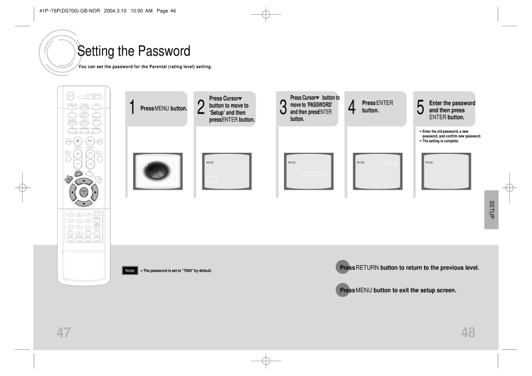 Samsung HTDS900RH/XFO, HTDS900RH/EDC manual Setting the Password 