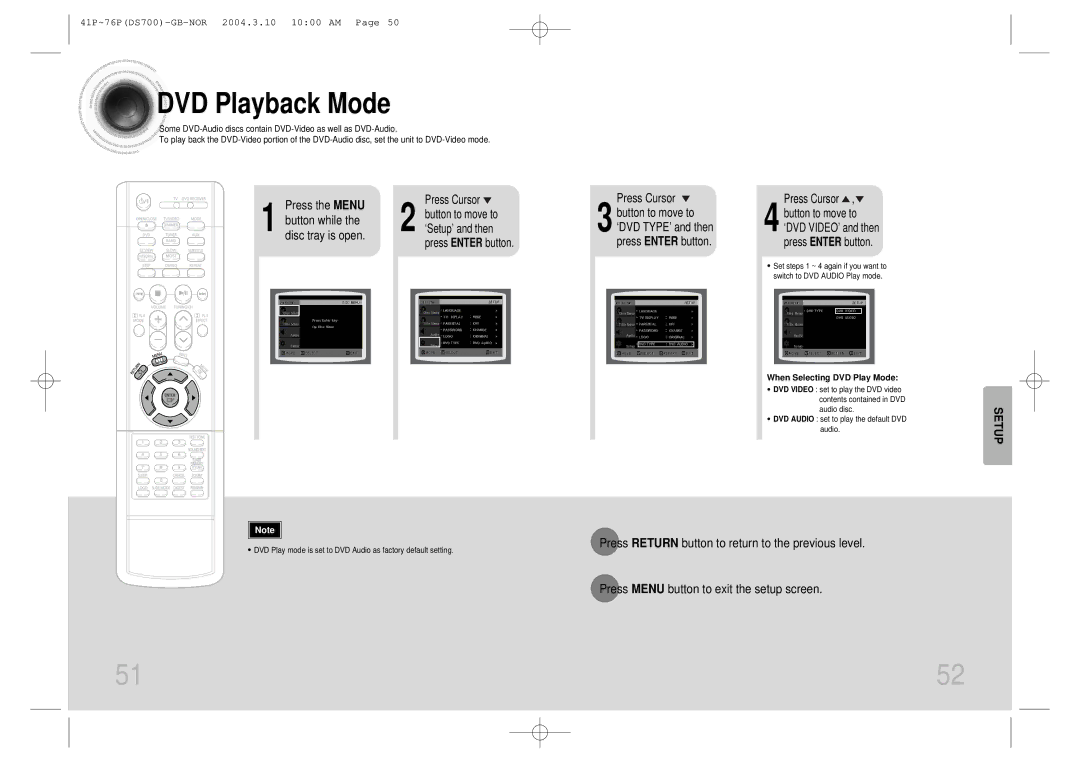 Samsung HTDS900RH/XFO DVD Playback Mode, Press the Menu Button while the disc tray is open, When Selecting DVD Play Mode 