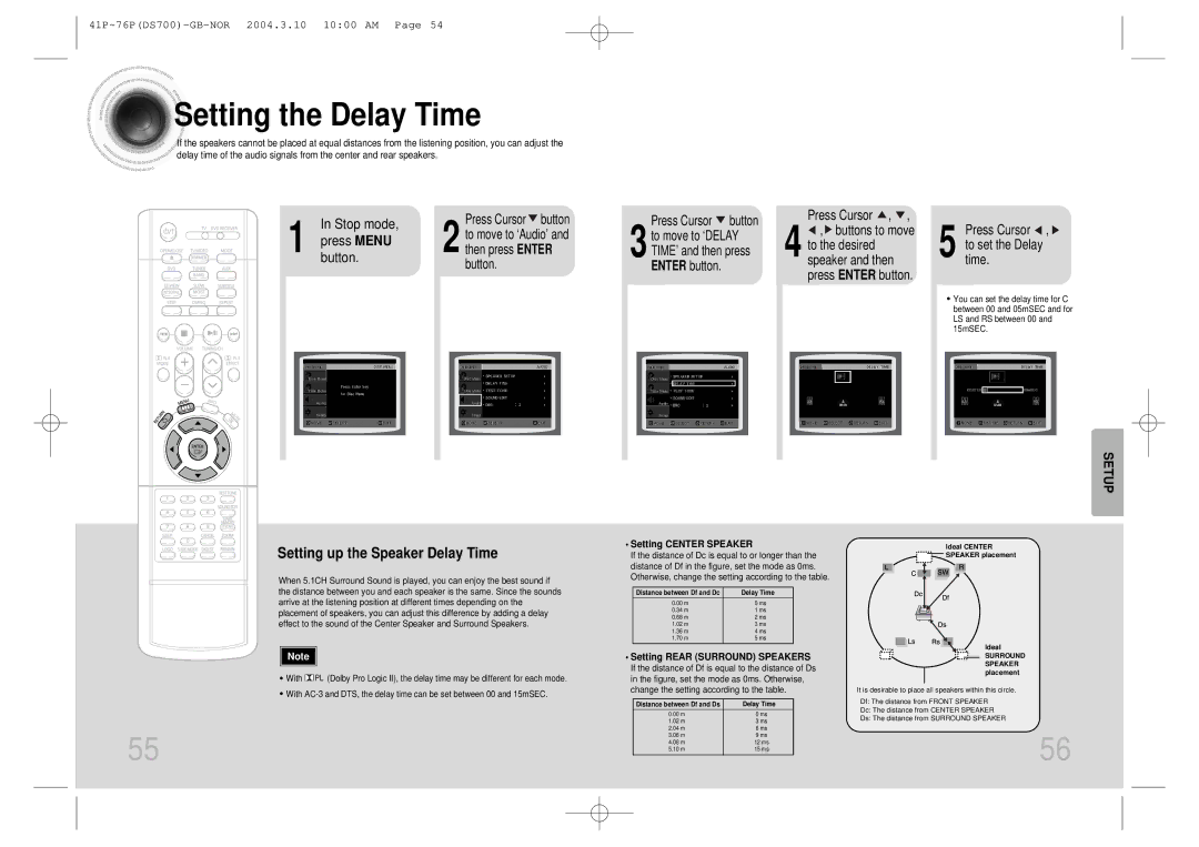 Samsung HTDS900RH/XFO, HTDS900RH/EDC Setting the Delay Time, Press Cursor button, Then press Enter, Setting Center Speaker 