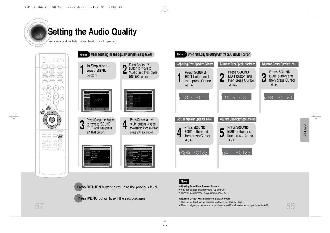 Samsung HTDS900RH/EDC manual Setting the Audio Quality, Press Sound Edit button and then press Cursor, Enter button 