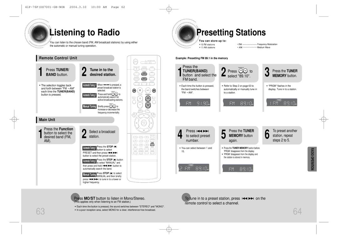 Samsung HTDS900RH/XFO, HTDS900RH/EDC manual Listening to Radio, Presetting Stations 