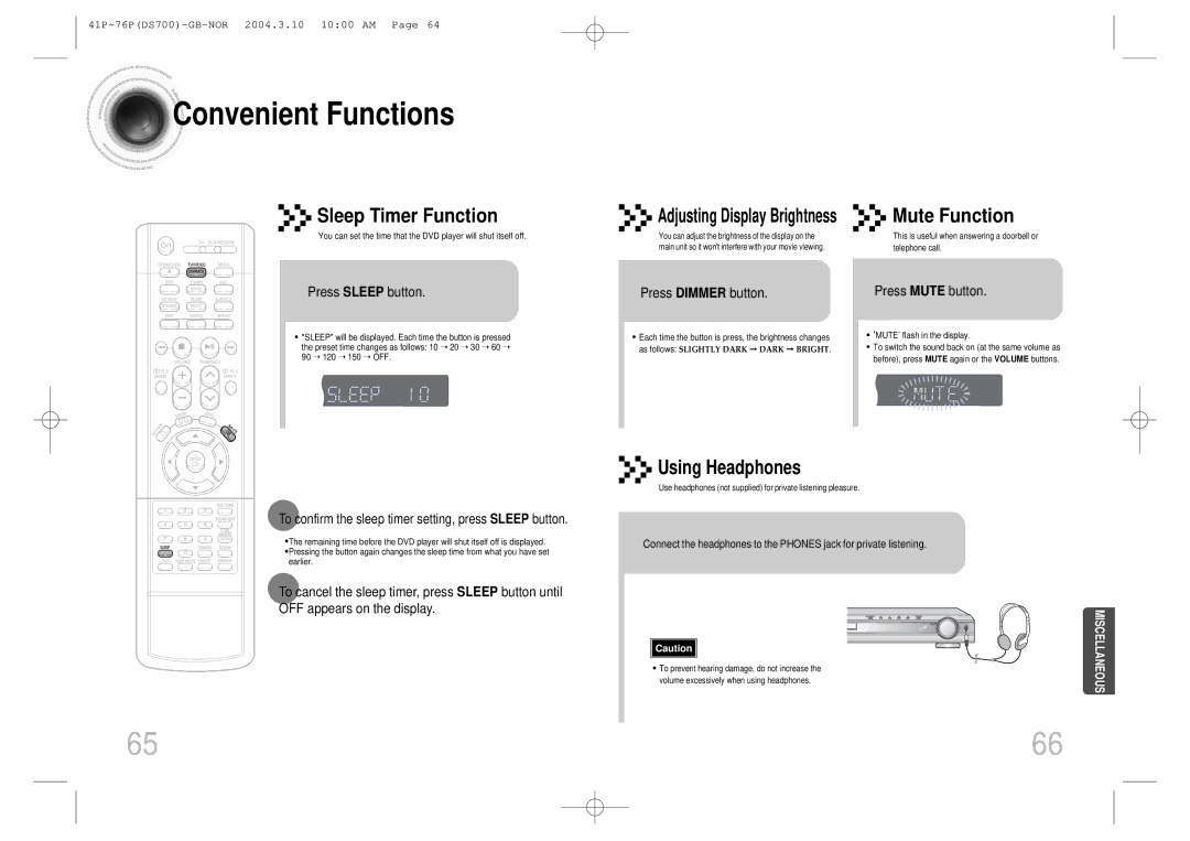 Samsung HTDS900RH/EDC manual Convenient Functions, Press Sleep button, Adjusting Display Brightness, Press Dimmer button 