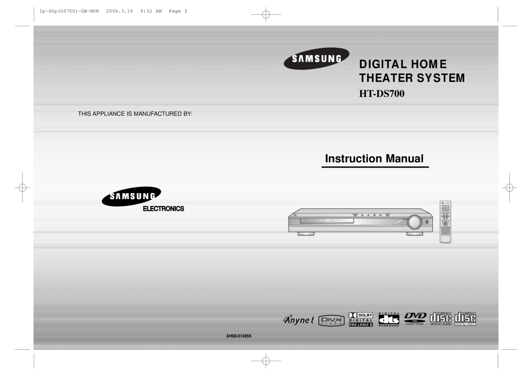 Samsung HTDS900RH/XFO manual This Appliance Is Manufactured By, 1p~40pDS700-GB-NOR 2004.3.10 932 AM Page, AH68-01495K 