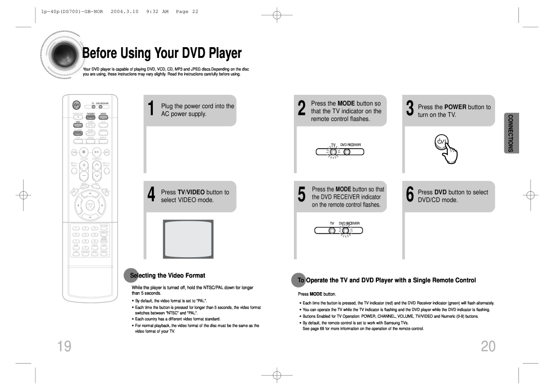 Samsung HTDS900RH/XFO manual Before Using Your DVD Player, power supply, Press the POWER button to turn on the TV, Plug 