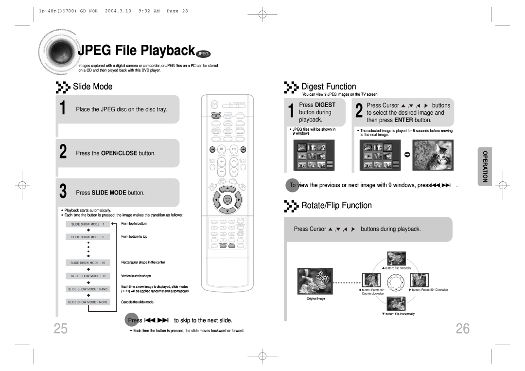 Samsung HTDS900RH/EDC, HTDS900RH/XFO JPEG File Playback JPEG, Slide Mode, Digest Function, Rotate/Flip Function, Operation 