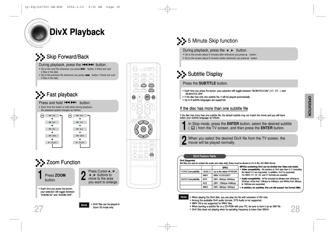 Samsung HTDS900RH/XFO DivX Playback, Skip Forward/Back, Fast playback, Zoom Function, Subtitle Display, Press and hold 