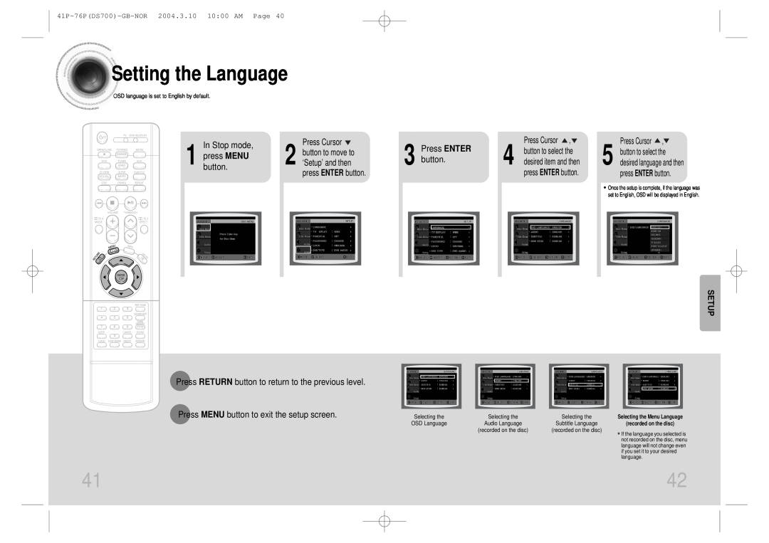 Samsung HTDS900RH/EDC manual Setting the Language, In Stop mode, press MENU, Press ENTER button, Setup, Press Cursor 