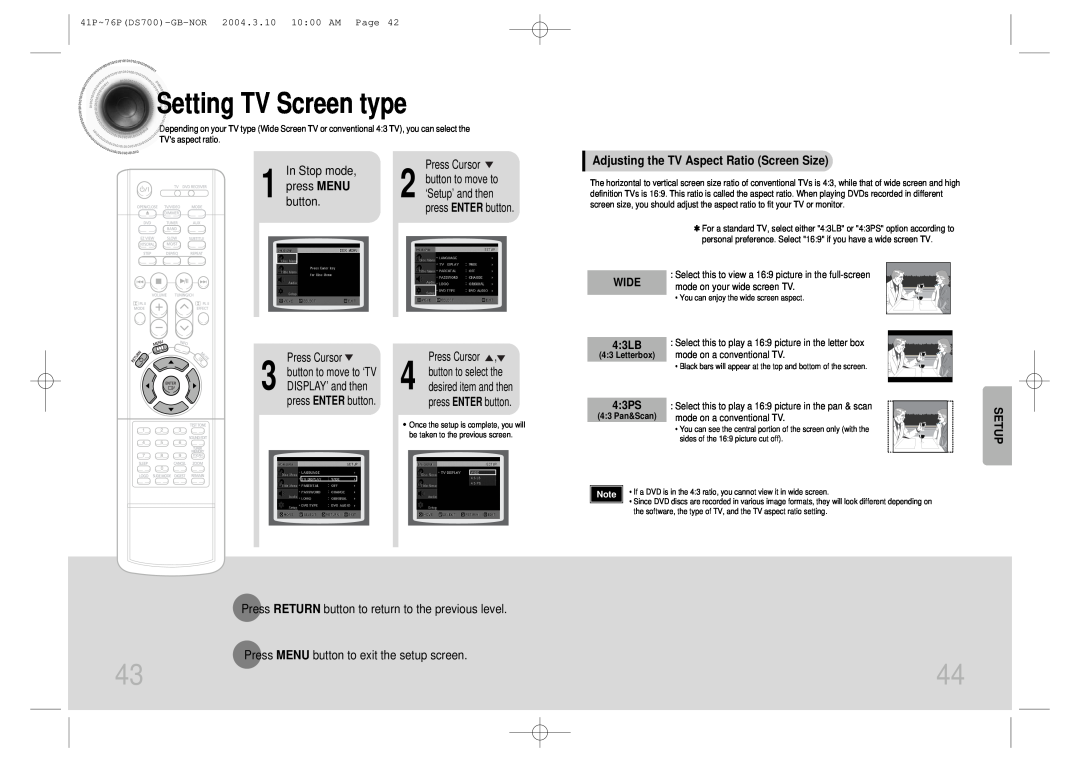 Samsung HTDS900RH/XFO Setting TV Screen type, Adjusting the TV Aspect Ratio Screen Size, WIDE 43LB, 43PS, Letterbox, Setup 