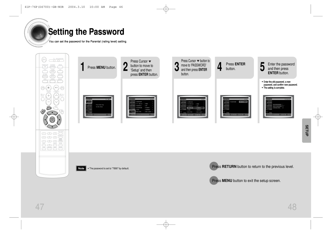 Samsung HTDS900RH/XFO manual Setting the Password, Press MENU button, ‘Setup’ and then, Press ENTER button, Press Cursor 